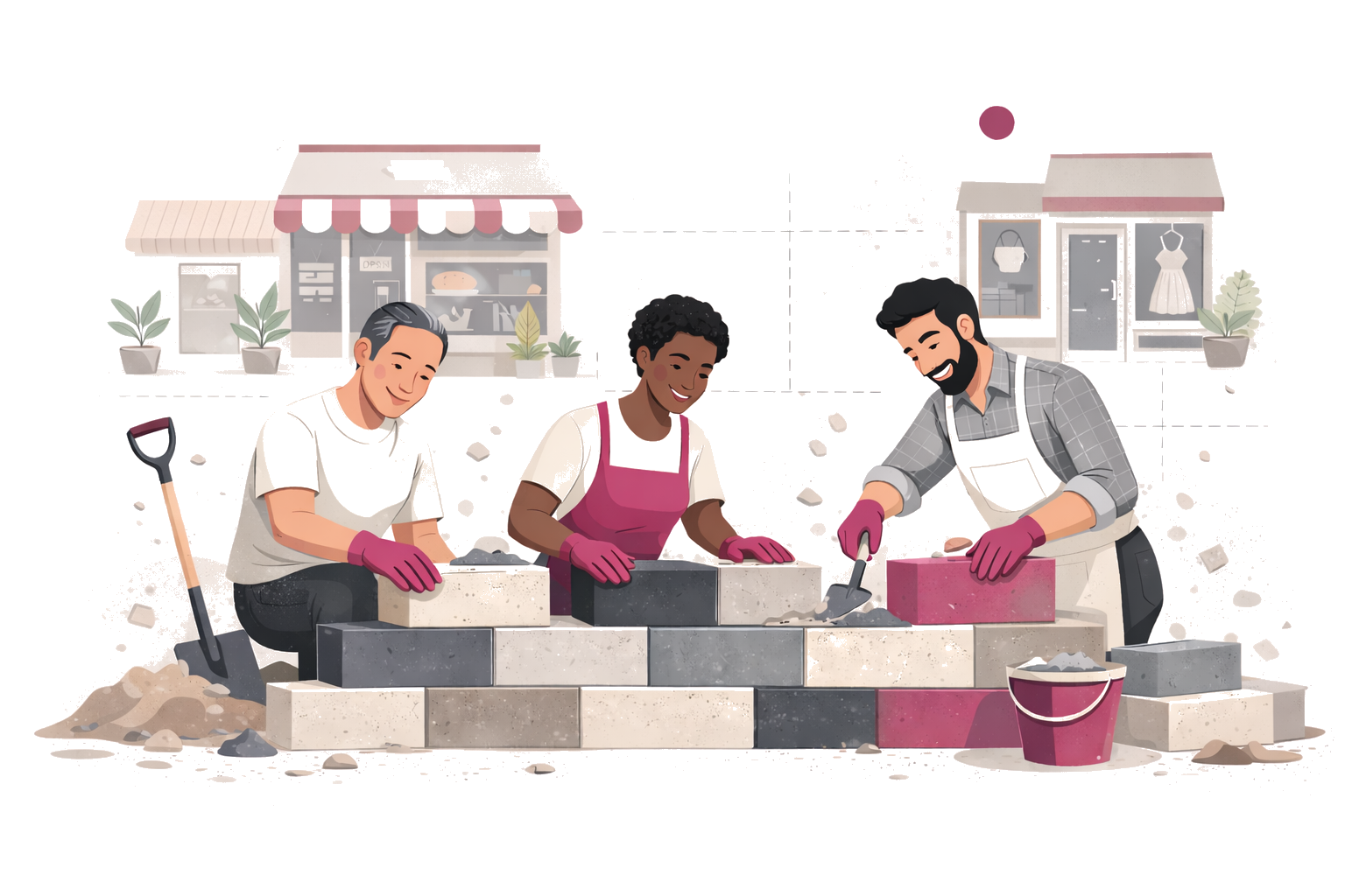 Three workers building a wall together in front of small businesses