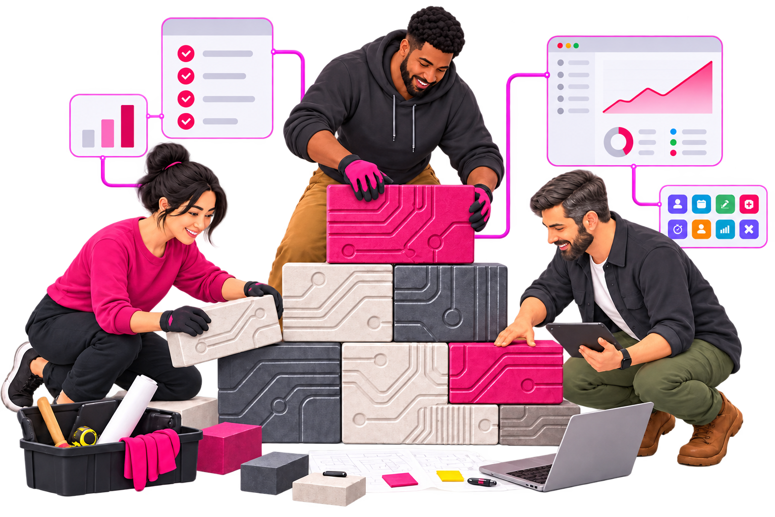 Three workers building a wall together in front of small businesses